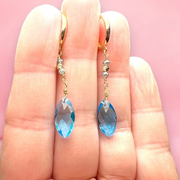 18k Gold Swiss Blue Topaz Earrings - Celebrate December Birthstone Brilliance - Picture 6 of 9